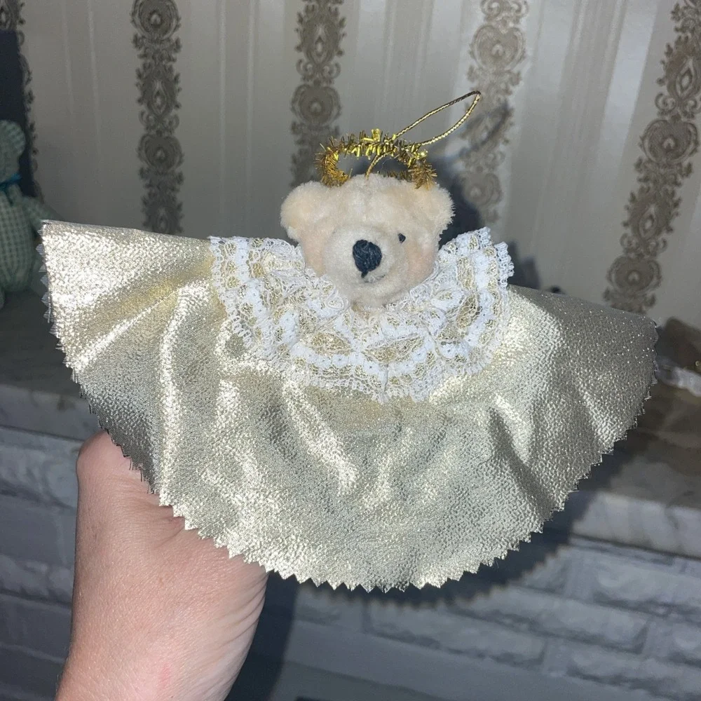 Set Of 5 Handmade Crafted Gold Angel Halo Plush Bears White Lace Collar Ornament